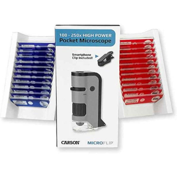 Carson MicroFlip MP-250BUN 100-250X Plastic Grey LED & UV Lighted Pocket Microscope & 24 Pcs Prepared Slides Set