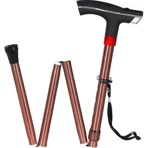 Divine Medicare 93cm Brown Aluminium Single Leg Folding Walking Stick with LED Light